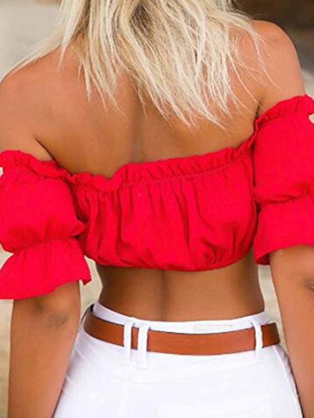 leveltech Red Off-Shoulder Cropped Women’s Ruffle Top - Picture 2 of 9